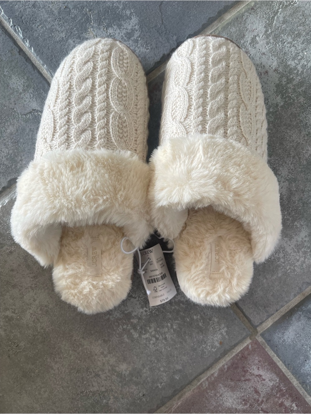 J. Crew Factory Cream Cable-Knit Faux-Fur Lined Slippers